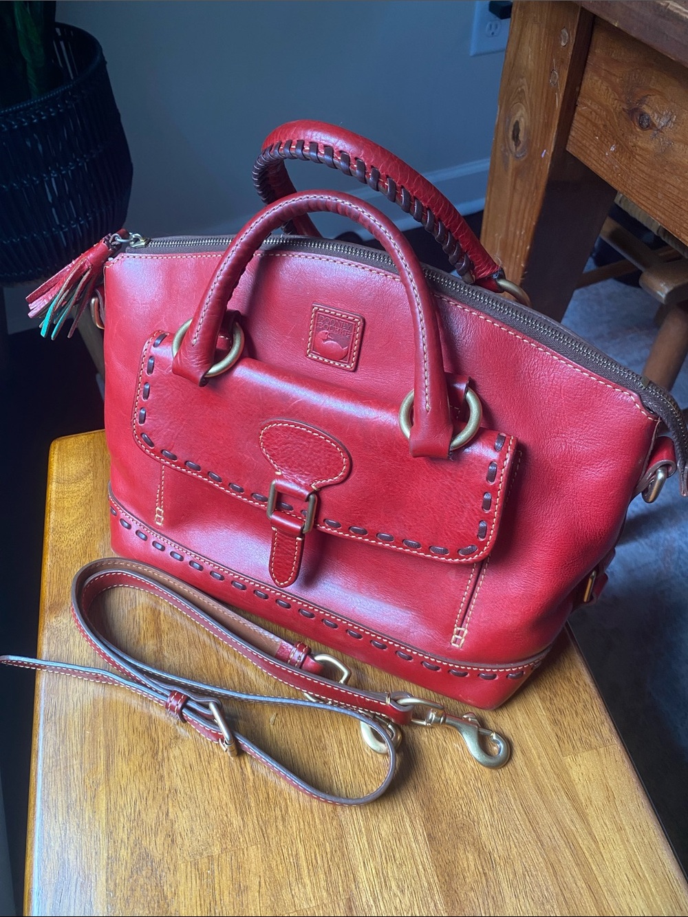 Dooney & Bourke Florentine Janine Red Leather Satchel Whip Stitching Top Handles